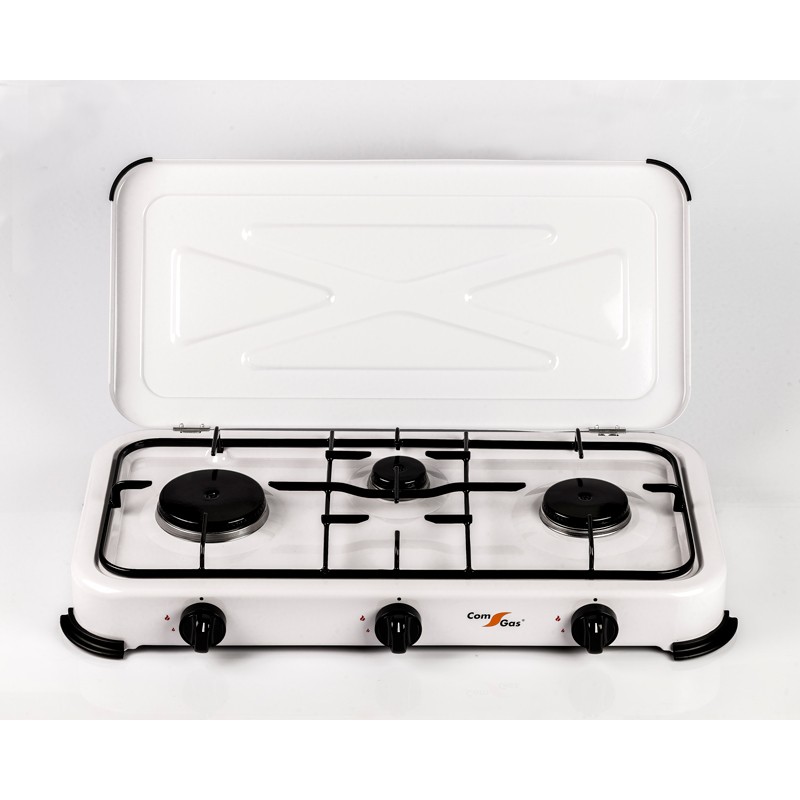 3-burner gas stove with cover.