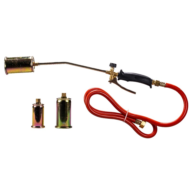 Kit including welding torch with handgrip, 1,5 m joined hose, and 3 nozzles of 35 , 45 and 60 mm.