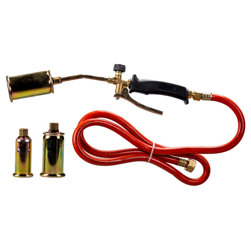 Kit including welding torch with handgrip, 1,5 m joined hose, and 3 nozzles of 20 , 30 and 45 mm.